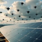 A solar panel array in a barren, terraformed landscape with alien drones hovering in a cloudy sky, symbolizing resilience against an invasion.