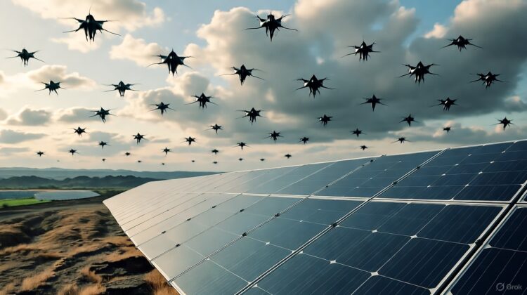 A solar panel array in a barren, terraformed landscape with alien drones hovering in a cloudy sky, symbolizing resilience against an invasion.